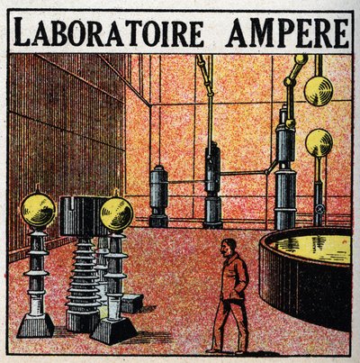 Elektrische leidingen: Ampère laboratorium. Anonieme illustratie uit 1925. Privécollectie. door Anonymous Anonymous