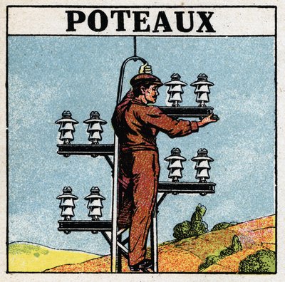Elektrische leidingen: elektriciteitspalen. Anonieme illustratie uit 1925. Privécollectie. door Anonymous Anonymous