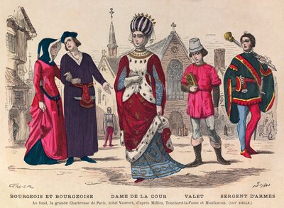 Bourgeois en bourgeoise, dame van het hof, knecht, sergeant-at-arms in Parijs in de 13e eeuw door Anonymous Anonymous