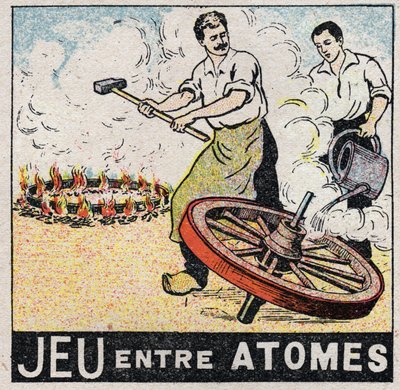 Ether (materiaal): spel tussen atomen. Wagenmakers maken een wiel. Anonieme illustratie uit 1925. Privécollectie. door Anonymous Anonymous