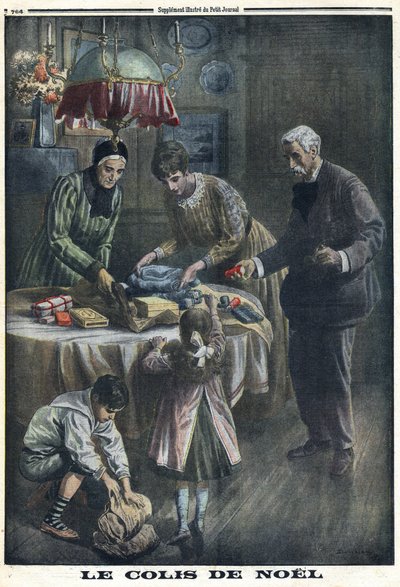 Eerste Wereldoorlog 1914-1918. Kerstcadeau: Kinderen ontvangen en pakken pakketten uit die ze van hun vader op het slagveld hebben ontvangen op kerstavond. In 