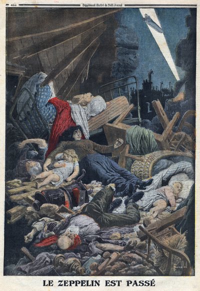 Eerste Wereldoorlog 1914-1918 (Oorlog 14-18). Burgers gedood in hun huis door het bombardement van een Zeppelin van de Duitse luchtmacht. In 