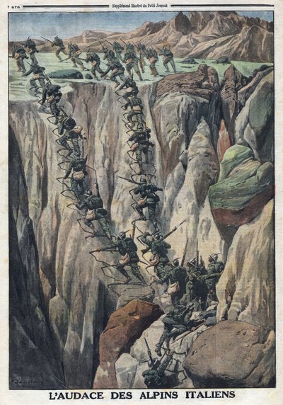Eerste Wereldoorlog 1914-1918. Italiaanse soldaten beklimmen de top van de Cauriol in de Fiemme Alpen in Italië. In 