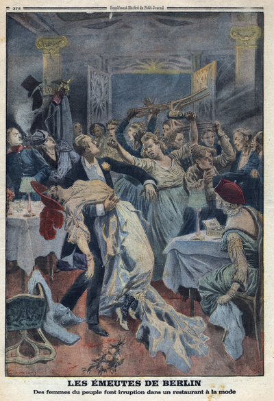 Eerste Wereldoorlog 1914-1918. De vrouwen van het volk dringen een chique restaurant binnen en eisen de terugkeer van hun echtgenoten. In 