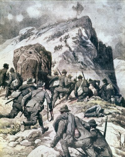 Eerste Wereldoorlog: Italiaanse alpini klimmen naar de top van de Cauriol, Italiaanse Alpen 1916. Illustratie uit 