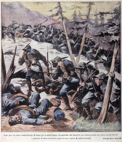 Eerste Wereldoorlog: Italiaanse alpine jagers (alpino of alpini) heroveren de Pal Piccolo, Italiaanse Alpen 1916 Illustratie uit La domenica del corriere door Anonymous Anonymous