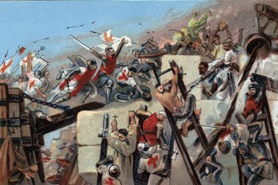Eerste kruistocht (1096-1099): de inname van Jeruzalem door de kruisvaarders onder leiding van Godfried van Bouillon op 15 juli 1099. Reclamechromolithografie van Antoine-chocolade in Brussel, begin 20e eeuw. Privécollectie door Anonymous Anonymous