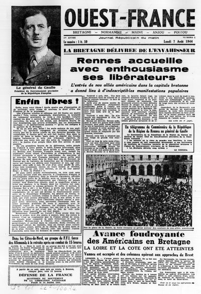 Eerste uitgave van West-Frankrijk van 7 augustus 1944: La La La La Bevrijding in het westen van Frankrijk en generaal de Gaulle - foto, B.N. door Anonymous Anonymous