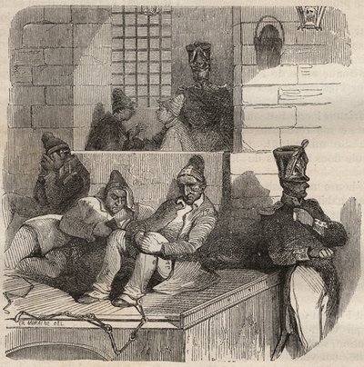 Forcat rustend in de bagne van Rochefort in de 19e eeuw. Gravure in “Histoire des bagnes depuis leur création à nos jours” (1877) door Anonymous Anonymous