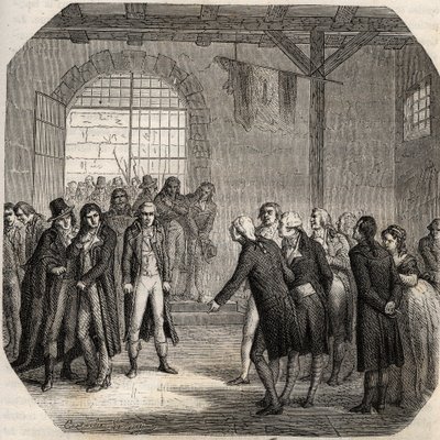 Franse Revolutie - De Hébertisten - Les Hébertistes à la Concierge in Parijs op 23 maart 1794 - Gravure in Histoire des Girondins door Alphonse de Lamartine (1790-1869) 1865-1866 - Privécollectie door Anonymous Anonymous