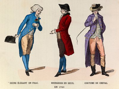 Van links naar rechts: Een jonge elegante in frac; Een bourgeois in rouw en een paardensuit in 1786 door Anonymous Anonymous
