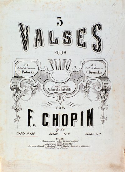 Frontispice van de partituur voor 3 walsen voor piano door Frederic Chopin (1810-1849) 19e eeuw Privécollectie door Anonymous Anonymous