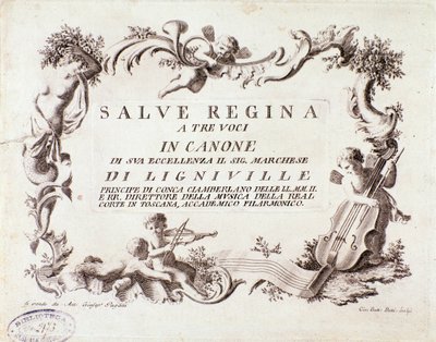 Frontispice van een muziekpartituur van Salve regina hymne voor drie stemmen door markies van Ligneville (1768) door Anonymous Anonymous