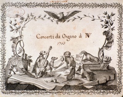 Frontispice van een muziekpartituur met voorstelling van dieren die muziekinstrumenten bespelen (1783) door Anonymous Anonymous