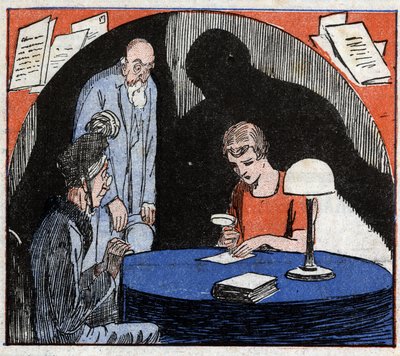 Grafologie: een grafoloog, geraadpleegd door een ouder echtpaar, leest met een vergrootglas het handschrift van een individu om psychologische kenmerken af te leiden. Gravure in 