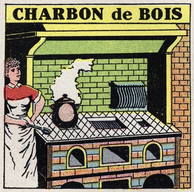 Verwarming thuis: houtskoolgebruik in een kachel. Anonieme illustratie uit 1925. Privécollectie. door Anonymous Anonymous