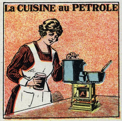 Verwarming thuis: de keuken met olie. Anonieme illustratie uit 1925. Privécollectie door Anonymous Anonymous