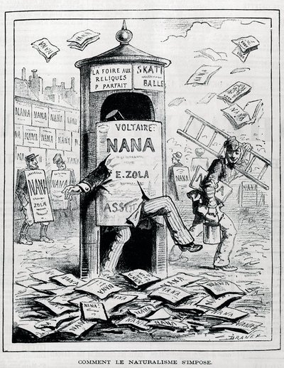 Hoe naturalisme wordt opgelegd: satirische tekening over de naturalistische roman over het boek "Nana" van Emile Zola. Gravure uit de 19e eeuw. Privécollectie. door Anonymous Anonymous