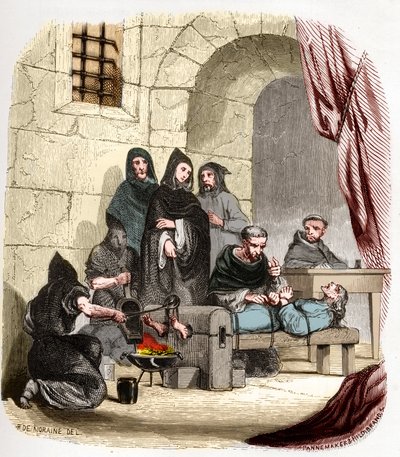 Inquisitie in Spanje in de 15e eeuw: Maria van Bourgondië (1457-1482), beschuldigd van joods zijn, wordt gemarteld door (heilige) Peter (Pedro) van Arbues (1441/1442-1485), Spaanse inquisiteur: hij brandt haar voeten. Illustratie in 