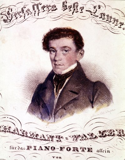 Johann Strauss vader (1804 - 1849). Portret op een partituur. door Anonymous Anonymous