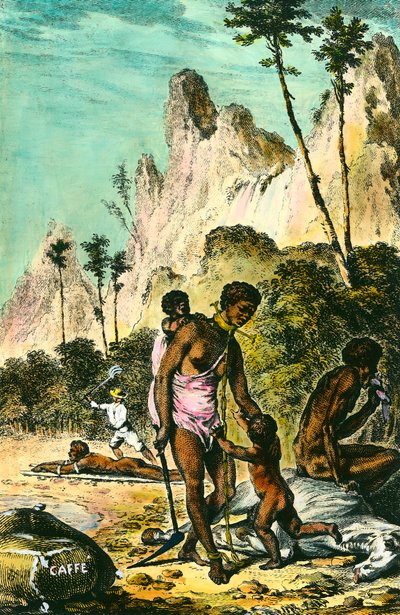 Reis naar het Île de France (het huidige Mauritius): het werk van slaven. Een witte meester slaat een slaaf die op de grond ligt. Een vrouw draagt een ketting met haar voet. Gravure uit de 18e eeuw. Privécollectie. door Anonymous Anonymous