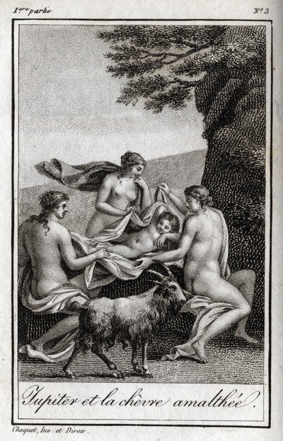 Jupiter kind gevoed door de geit Amalthee. Gravure uit 1819 in 
