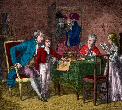Koning Lodewijk XVI en de koninklijke familie gevangen in de tempel onder toezicht van de revolutionairen (gravure) - privécollectie door Anonymous Anonymous