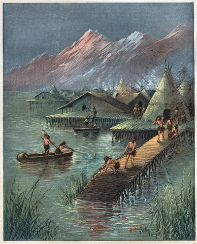 Meer Dorp, Prehistorisch Meer Stad (Dorp gebouwd op palen) (De palafitte, Palafitta) Gravure uit 1892. door Anonymous Anonymous