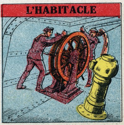 Aardmagnetisme: twee matrozen manoeuvreren het roer van een schip terwijl ze naar de cockpit kijken, een koperen doos waarin een kompas is geplaatst. Anonieme illustratie uit 1925. Privécollectie. door Anonymous Anonymous