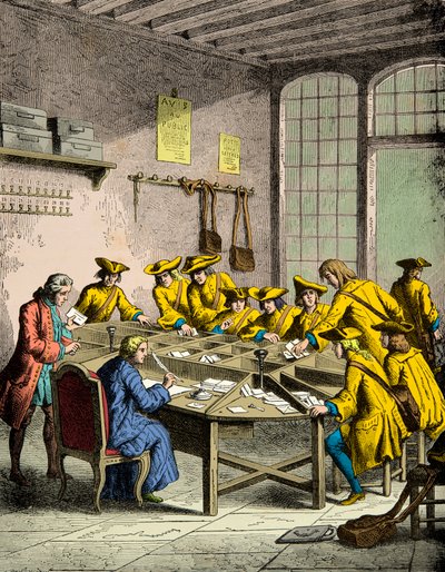 Grote postkantoor in Parijs onder koning Lodewijk XVI, Gravure, Privécollectie door Anonymous Anonymous
