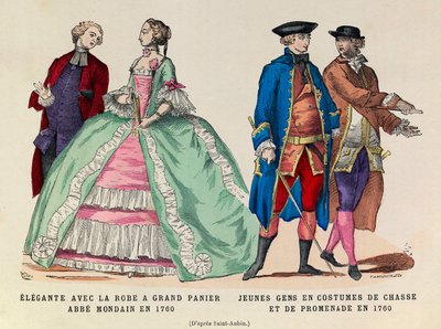Links: Elegante met een grote mandjurk, mondaine abt in 1760 / Rechts: Jonge mannen in jacht- en wandelsuit in 1760 (regeerperiode van koning Lodewijk XV) - privécollectie door Anonymous Anonymous