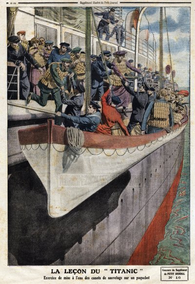 Reddingsbootoefening aan boord van een lijnschip, na het zinken van de RMS Titanic, op 15 april 1912. Illustratie uit de Franse krant Le petit Journal, 2 juni door Anonymous Anonymous