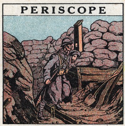 Lichtreflectie: periscoop gebruikt in een loopgraaf door een soldaat tijdens de Eerste Wereldoorlog (1914-1918). Anonieme illustratie uit 1925. Privécollectie. door Anonymous Anonymous