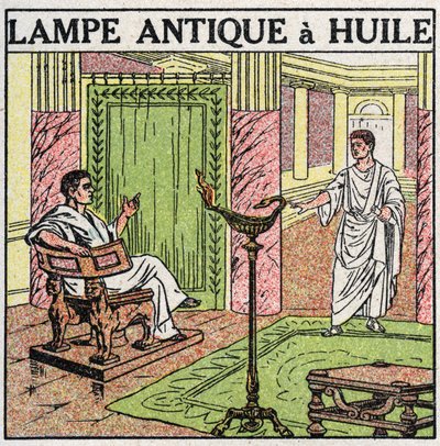 Lichtbronnen: olielamp gebruikt in de oudheid. Anonieme illustratie uit 1925. Privécollectie. door Anonymous Anonymous