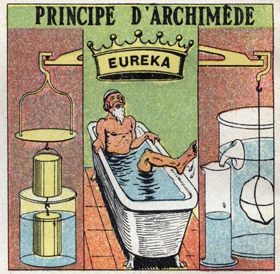 Vloeistofbalans: principe van Archimedes (lichamen in water duwen). Terwijl hij een bad nam, merkte Archimedes van Syracuse (287 v.Chr.-212 v.Chr.) op dat zijn been zwaarder woog buiten het water dan in het water en riep 