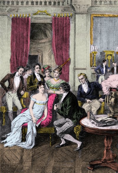 Literair Salon: Rond Madame Recamier Madame Juliette Recamier (1777-1849) omringd door literaire en politieke persoonlijkheden: Charles Nodier (1780-1844), Francois Rene Viscount de Chateaubriand (1768-1848), Sophie Gay (1776-1852), Benjamin Constant door Anonymous Anonymous
