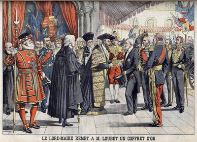 Londen, Groot-Brittannië. Sir Marcus Samuel presenteert president Emile Loubet een gouden doos na de receptie in de Guildhall. Le Petit Journal, juli 1903. door Anonymous Anonymous
