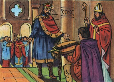 Lodewijk I de Vrome of de Goedmoedige (778-840) krijgt zijn door de geestelijkheid in beslag genomen zwaard terug. Anonieme illustratie in “Collection des souverains et chefs d