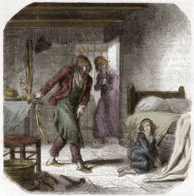 Lodewijk XVII (1785-1795) in de Tempel, met zijn cipier de schoenmaker Antoine Simon - Gravure in 