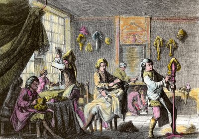 Mode van Lodewijk XV: interieur van een pruikenmaker. Gravure rond 1755. Privécollectie door Anonymous Anonymous