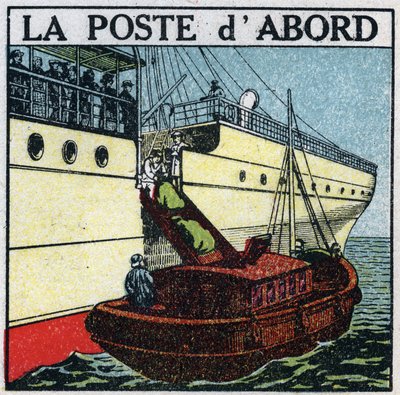 Post: schip dat post aan boord van een lijnschip bezorgt. Anonieme illustratie uit 1925. Privécollectie. door Anonymous Anonymous