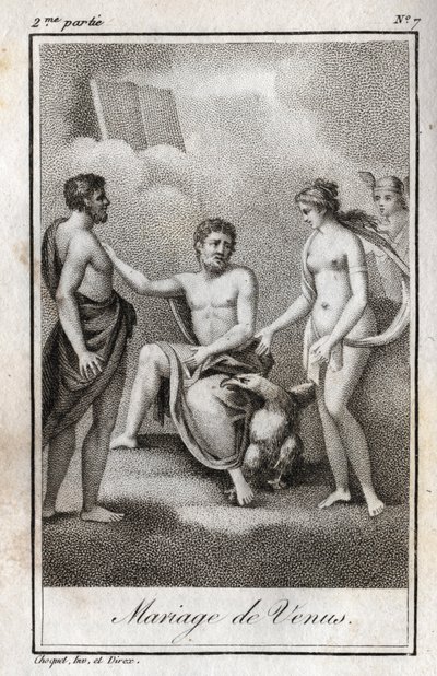 Huwelijk tussen Mars en Venus. Gravure uit 1819 in "Lettres à Emilie sur la mythologie" door Charles Albert Demoustier (1760-1801). Privécollectie. door Anonymous Anonymous