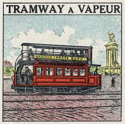 Mechanische tractie: stoomtram verscheen in Parijs aan het einde van de 19e eeuw op de Bastille-lijn - deur Bapp. Anonieme illustratie uit 1925. Privécollectie. door Anonymous Anonymous