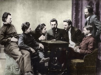 Leden van de Sreda literaire kring, gevormd in de tweede helft van de jaren 1890 door Russische realistische schrijvers - Portretten van Russische intellectuelen van de literaire groep Znanie: van links naar rechts, Andrei Skitalets (Stephan Gabrilovich Pe door Anonymous Anonymous