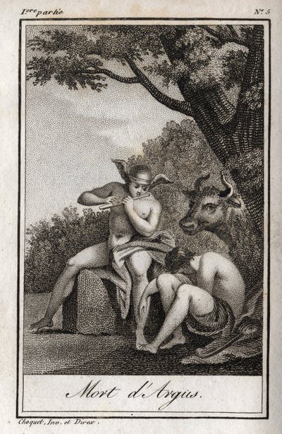 Mercurius en Argus. Dood van Argus: Mercurius speelde op de fluit om Argus in slaap te brengen en de nimf Io, die in een koe was veranderd, te bevrijden. Gravure uit 1819 in 
