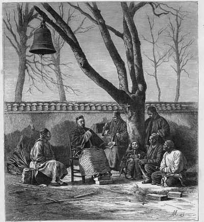 Missionaris die de katholieke leer onderwijst in de provincie Henan (Ho Nan, Ho-Nan), China. Gravure in “Les Missions Catholiques au XIXème Siècle” door Louis-Eugène Louvet. Privécollectie door Anonymous Anonymous