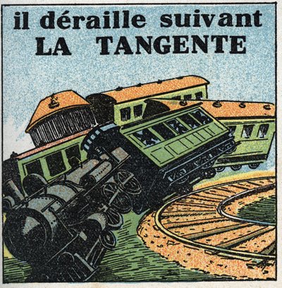 Bewegingen: raaklijn. Treinontsporing. Anonieme illustratie uit 1925. Privécollectie. door Anonymous Anonymous