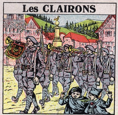 Muziekinstrumenten: blaasinstrumenten met een potmond. Bugelspelers tijdens een militaire run. Anonieme illustratie uit 1925. Privécollectie door Anonymous Anonymous