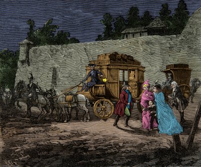 Nachtvlucht van de koninklijke familie naar Varennes in 1791 (gravure) - privécollectie door Anonymous Anonymous