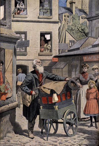 Oude beroepen: de barbaarse orgelspeler in de straten van Parijs. Gravure in de kop van de Petity Journal, 26/04/1908. Privécollectie door Anonymous Anonymous